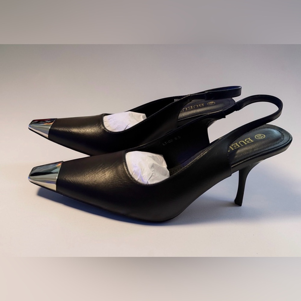 Burupu Black Leather Slingback Pumps with Metallic Silver Cap Toe